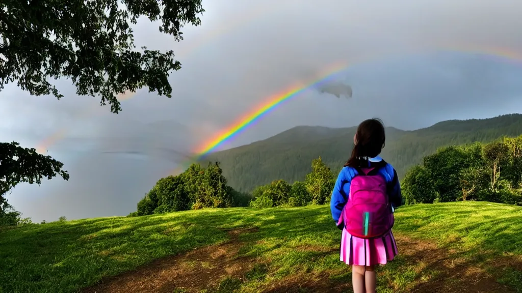 Prompt: A schoolgirl in the natural morning light , rainbow in the sky, blue sky and white clouds, bright daylight passing through the gaps in the leaves leaving shadows on the ground, a shimmering lake in the distance, and foggy mountains in the background.