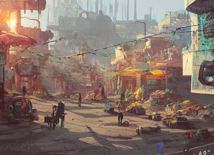 Image similar to painting of of a post apocalyptic futuristic small mexican town cobbled kiosko central town square, studio ghibly and pixar, blade runner 2 0 4 9, san miguel de allende, hanging dia de muertos paper decorations, futuristic colonial city architecture, concept art by atey ghailan, artstation contest winner, concept art, artstation hq, 2 d game art