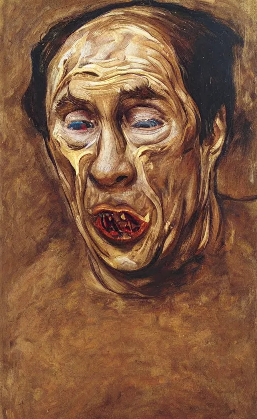 Image similar to Putin devouring used diapers covered in brown substance, Putin portrait, brown liquid dripping down mouth, face of fear, ugly body painted by Lucian Freud, Ilya Repin