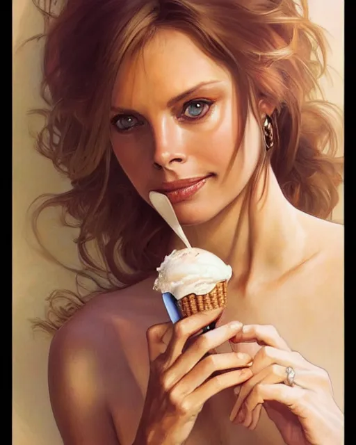 Image similar to Portrait of Barbara Bach from the bond film eating ice creams in Porto,real life skin, intricate, elegant, highly detailed, artstation, concept art, smooth, sharp focus, art by artgerm and greg rutkowski and alphonse mucha