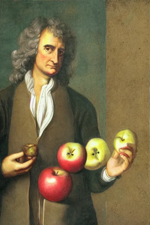 Image similar to isaac newton holding an apple, collage