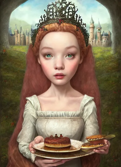 Image similar to highly detailed closeup portrait of a fairytale medieval princess eating cakes, unreal engine, nicoletta ceccoli, mark ryden, lostfish, earl norem, global illumination, god rays, detailed and intricate environment