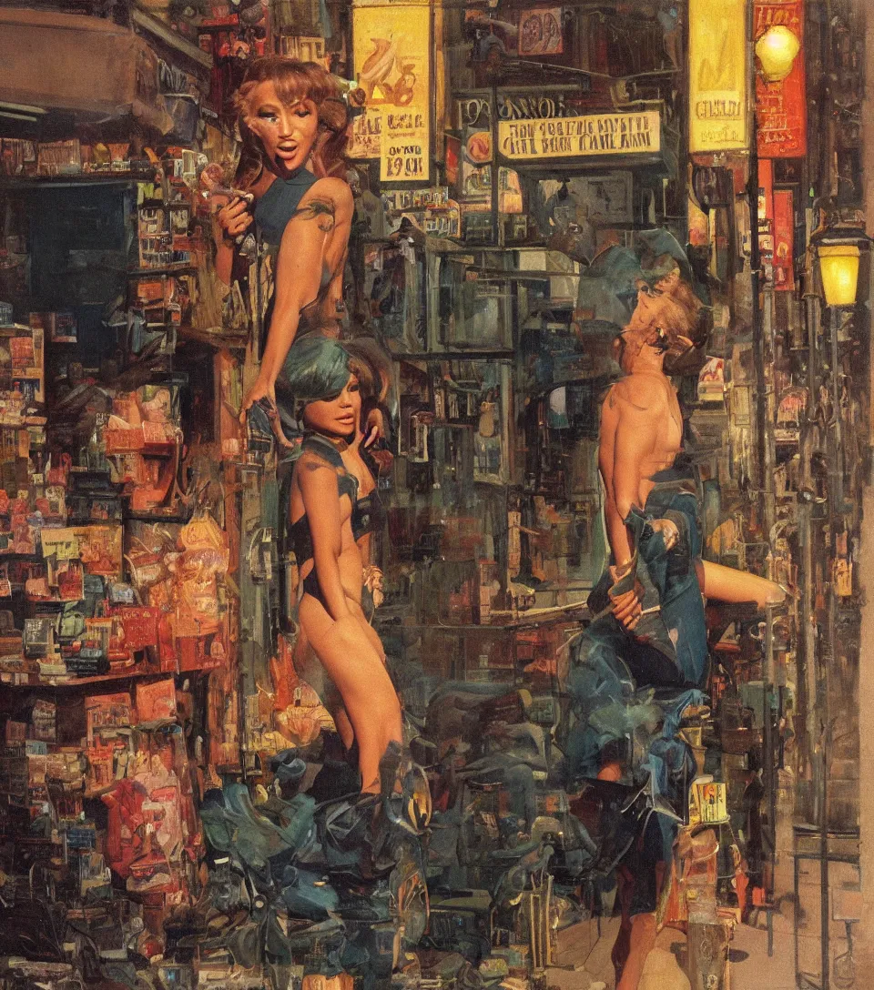 Prompt: standing portrait of ecstatic jlo looking into the camera standing smoking a cigarette, summer, warm street lights store front, 1 9 6 0 s technicolor, intricate, moody, personal, highly detailed, short focus depth, donato giancola, joseph christian leyendecker, frank frazetta, alex horley, ralph horsley, michael whelan, 2 0 0 mm focal length