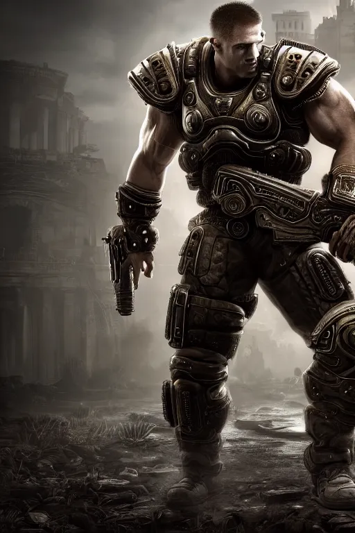 Image similar to Jordan B. Peterson as a muscular Gears of War character, photorealism, half body, HDR ambient background, unreal engine 5, hyperrealistic, highly detailed, XF IQ4, 150MP, 50mm, F1.4, ISO 200, 1/160s, cinematic lights, Adobe Lightroom, photolab, Affinity Photo, PhotoDirector 365, realistic