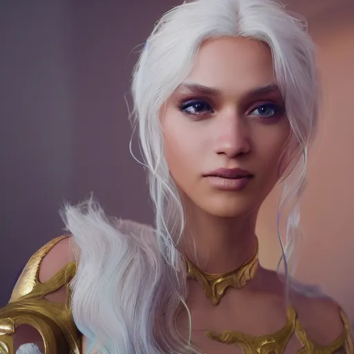 Prompt: a portrait of a girl with goddess like beauty with white hair and golden ornaments around her dress and hair, 8 k uhd, unreal engine, octane render in the artstyle of ilya kushinov and zeenchin