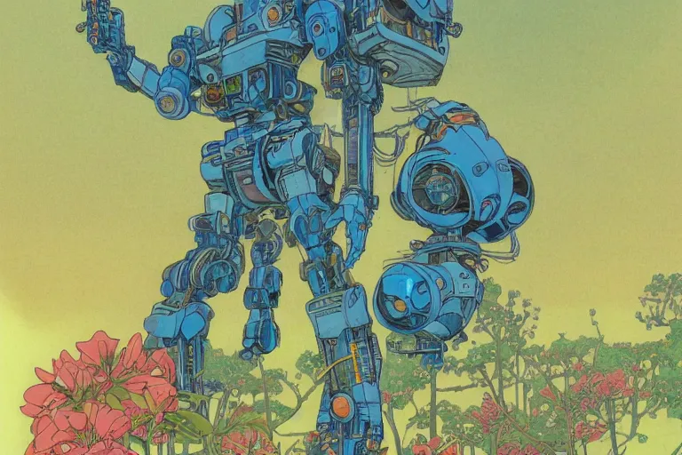 Image similar to most blues, gigantic girl head, a lot of exotic vegetation, trees, tremendous mecha robot, flowers, oldschool vintage sci - fi flat surreal design, super - detailed, 2 d gouache painting by moebius and satoshi kon, hd, 4 k, high quality