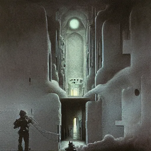 Image similar to a detailed matte painting of a Ghostbuster by Zdzislaw Beksinski