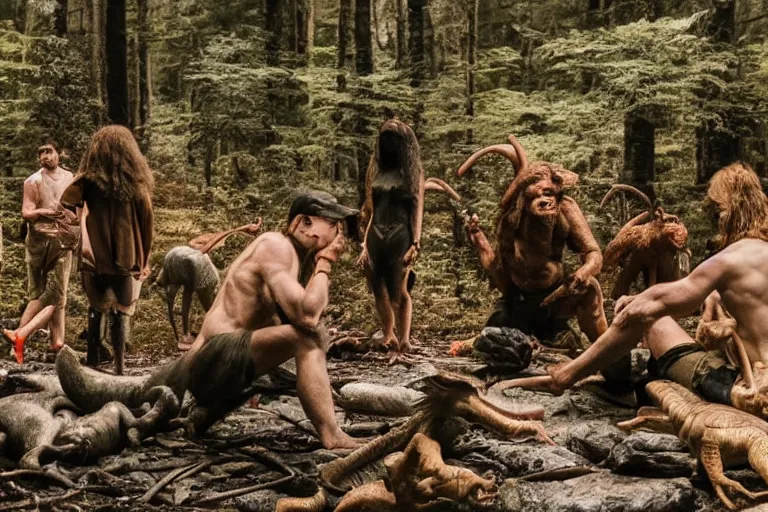 Image similar to 2 4 mm leica anamorphic lens, photo, hyper detailed, neanderthal people eating sushi, surrounded by dinosaurs!, gigantic forest trees, sitting on rocks, bonfire, close up camera on bonfire level