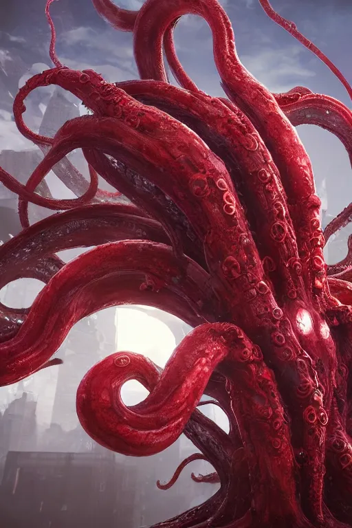 Image similar to giant ancient alien tentacles artwork by yoshitaka amano, red and white, detailed background, extremely detailed, octane rendering, sharp focus, volumetric light, particles, unreal engine 5, rtx