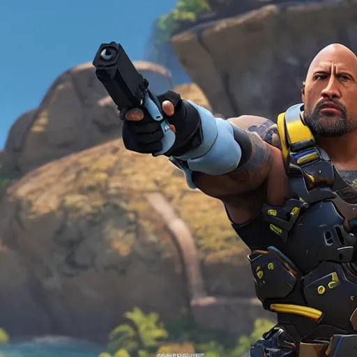 Prompt: Dwayne Johnson as a character in the game Overwatch, with a background based on the game Overwatch, detailed face, action shot