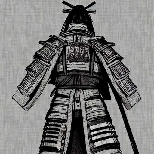 Image similar to A FULL BODY PORTRAIT FROM BEHIND OF A SAMURAI FROM MANGA VAGABOND, ,detailed, concept art, ink style , sketch black and white colors