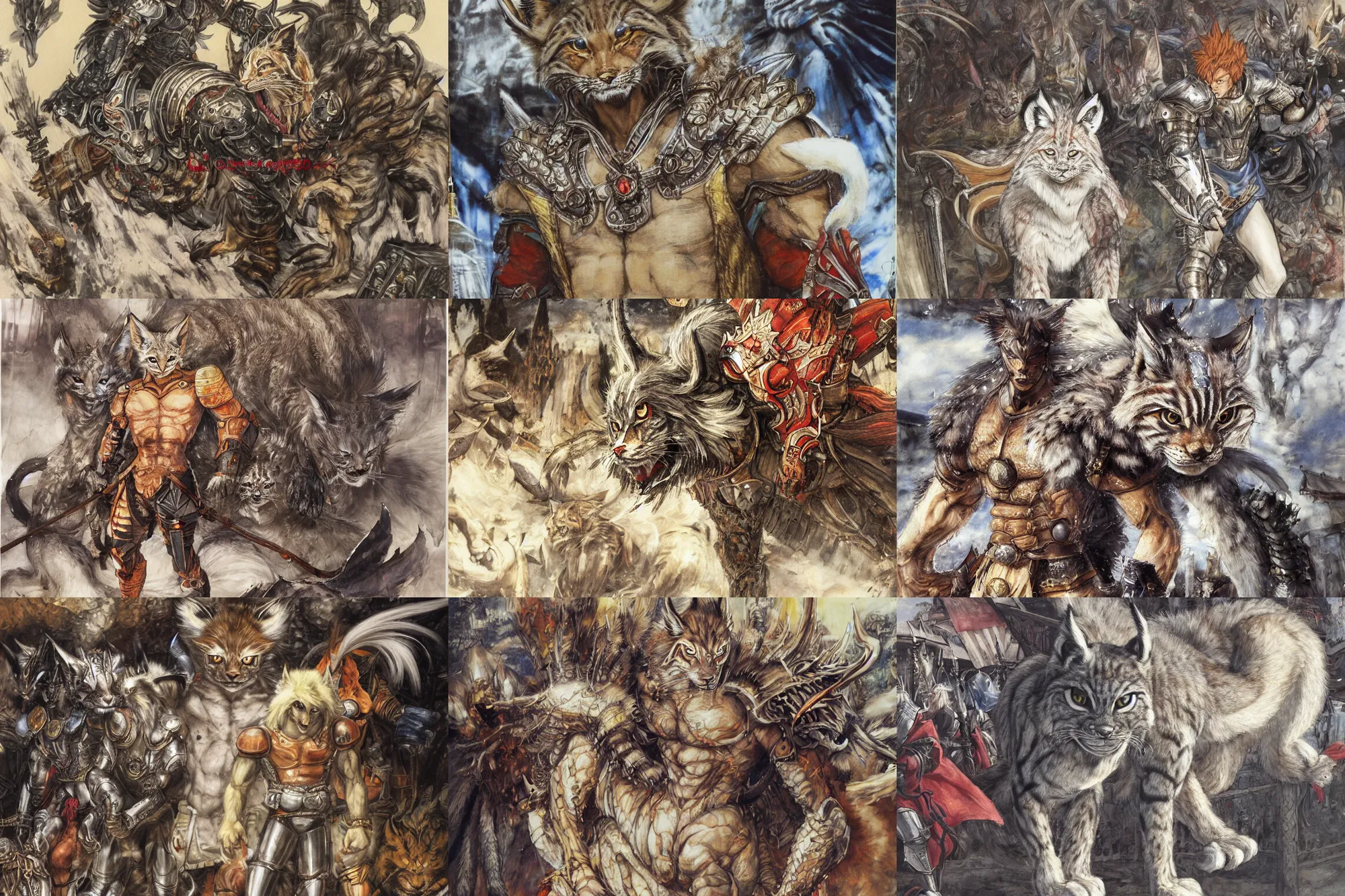 Image similar to 8k Yoshitaka Amano painting of upper body of a young cool looking lynx beast-man with white mane at a medieval market at windy day. Depth of field. He is wearing complex fantasy armors. He has huge paws. Renaissance style lighting.