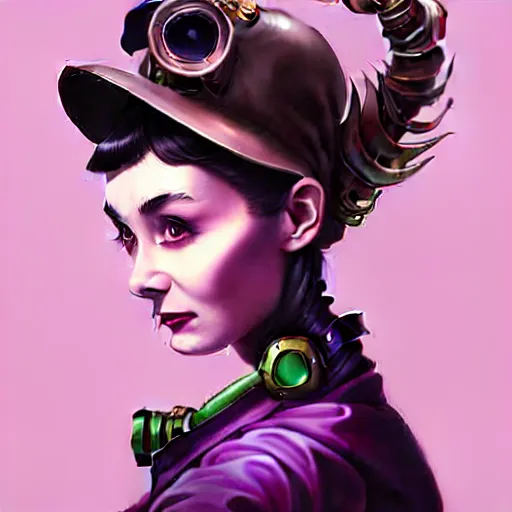 Image similar to in the style of peter mohrbacher, artgerm, beautiful audrey hepburn, steampunk, elegant pose, middle shot, spooky, symmetrical face symmetrical eyes, three point lighting, detailed realistic eyes, short neck, purple and green top clothing, insanely detailed and intricate elegant