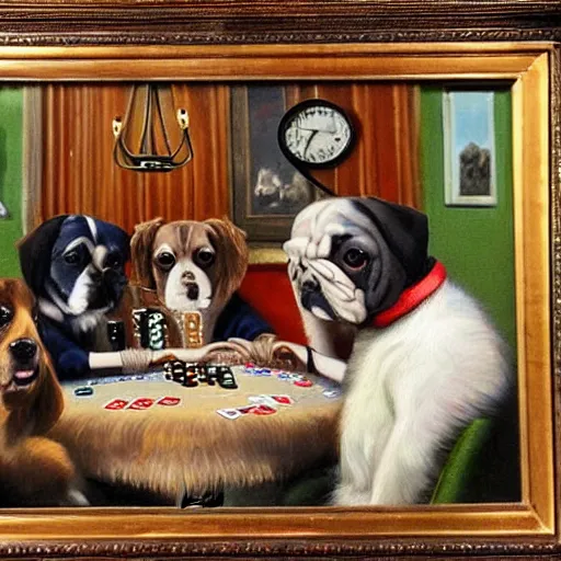 Prompt: an oil painting of hipster dogs playing poker, highly detailed, oil painting