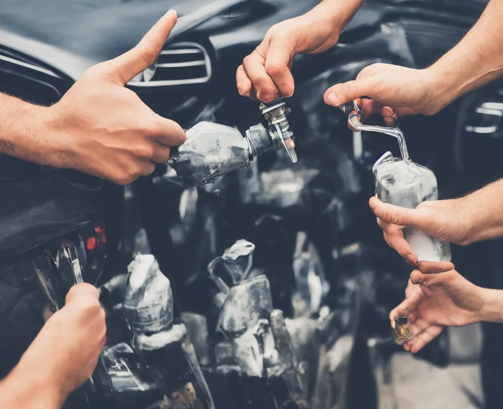 Image similar to first person point of view of man holding gasoline with his hand in a car