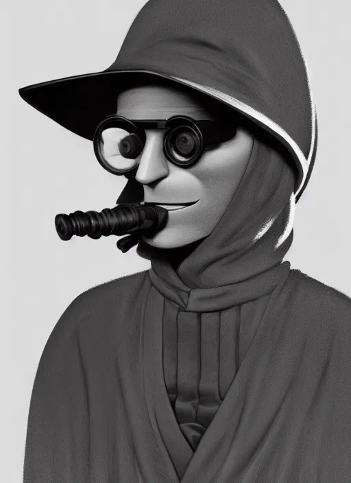 Prompt: an anthropomorphic beautiful male scientist portrait blowing smoke wearing black hoodie robe, binocular, fine art, award winning, intricate, elegant, sharp focus, octane render, hyperrealistic, wizard hat cinematic lighting, highly detailed, digital painting, 8 k concept art, art by jamie hewlett and z. w. gu, masterpiece, trending on artstation, 8 k