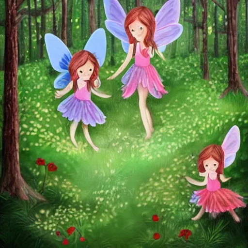 Image similar to tiny fairies playing hide and seek in a beautiful forest, green, colourful, playful, fine art, illustration