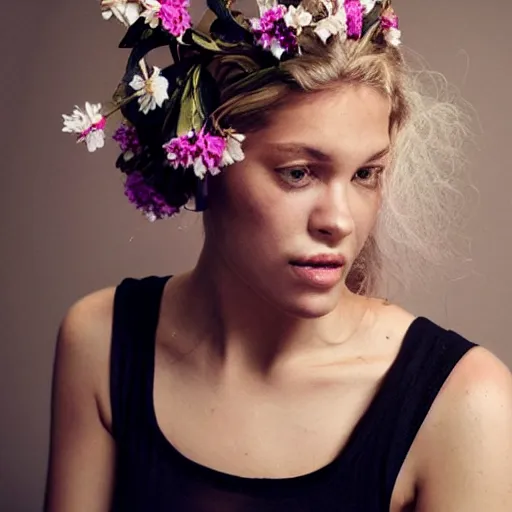 Image similar to vintage photograph of an olive skinned blonde female model in her twenties looking down, her hair pinned up with flowers, wearing a designer top, looking content, focused on her neck, photo realistic, extreme detail skin, natural beauty, no filter, slr, golden hour, 8 k, high definition, selfie