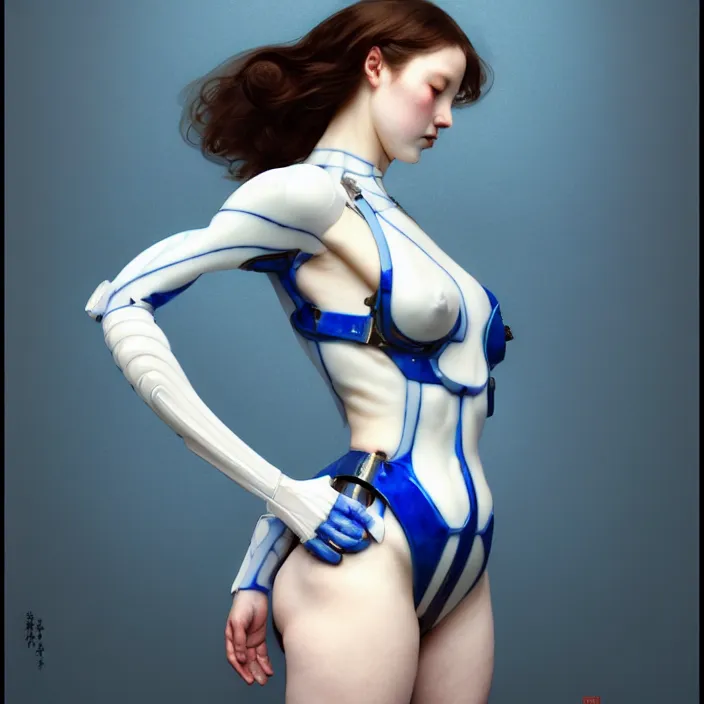 Image similar to porcelain cyborg, Chinese Blue and white porcelain exoskeleton 14th century, diffuse lighting, fantasy, elegant, lifelike, photorealistic, digital painting, artstation, illustration, concept art, smooth, sharp focus, art by John Collier and Albert Aublet and Krenz Cushart and Artem Demura and Alphonse Mucha