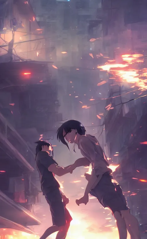 Image similar to a street fight, full shot, atmospheric lighting, detailed faces, by makoto shinkai, stanley artgerm lau, wlop, rossdraws