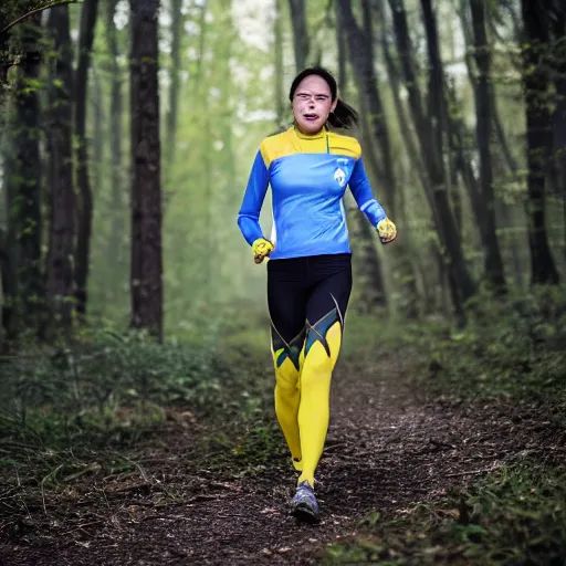 Image similar to a beautiful female orienteer wearing a yellow long - sleeved shirt and black tights runs in the forest, award winning photo, sigma 5 5.