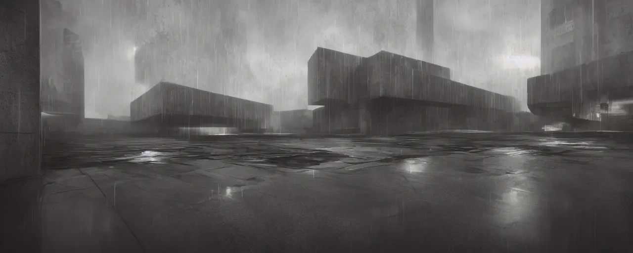 Prompt: brutalist architecture, metal, concrete, mist, rain, night, dramatic lighting, lightning bolt, trending on Artstation, 8k, highly realistic, hyper detailed, unreal engine 5, IMAX quality, realistic, cinematic, epic lighting, realistic, in the style of Greg Rutkowski and Zaha Hadid