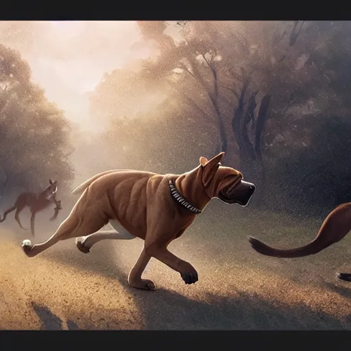 Prompt: - w 1 0 2 4 a boerboel mastiff running, chasing a kangaroo, detailed, intricate, by jessica rossier