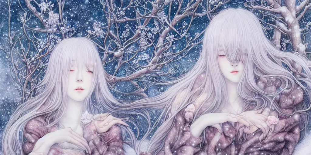 Image similar to breathtaking delicate detailed concept art winter creatures blend, by miho hirano, bizarre compositions, exquisite detail, pastel colors, 8 k