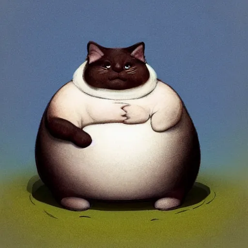 Prompt: ( ( ( ( ( obese rotund flabby cartoon cat. muted colors. ) ) ) ) ) by jean - baptiste monge!!!!!!!!!!!!!!!!!!!!!!!!!!! by beeple and james gilleard and justin gerard
