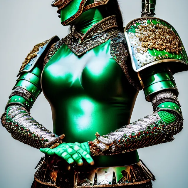 Prompt: photo of a beautiful warrior queen wearing emerald encrusted armour, highly detailed, 8 k, hdr, smooth, sharp focus, high resolution, award - winning photo