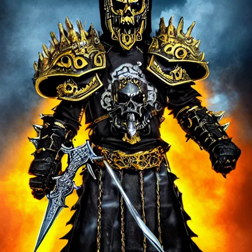 Image similar to lich king wearing black and gold armor with skulls and chains, holding a two handed sword with golden handle, wearing spiky helmet with mask