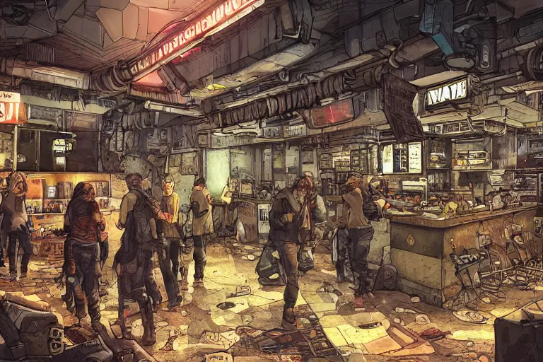 Prompt: detailed ultra - realistic graphic novel illustration of shadowrun cyberpunk postapocalyptic desolate industrial bar inspired by famous artstation painters