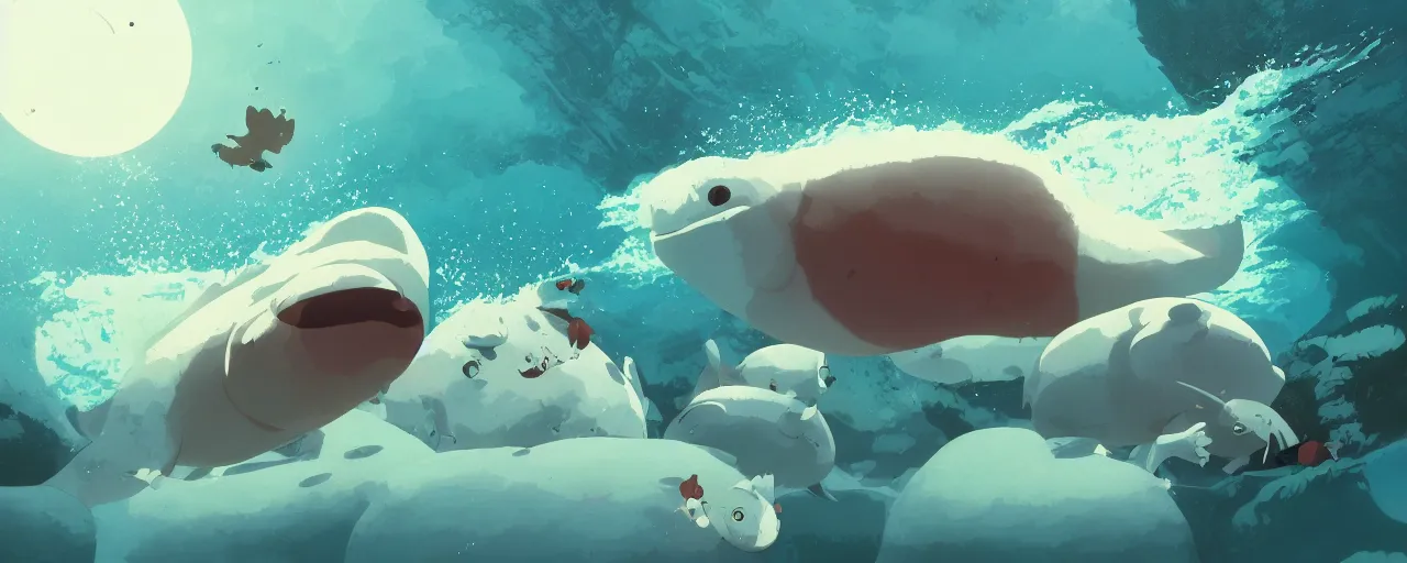 Prompt: piranhas surround a baby harp seal swimming in a tropical river, atey ghailan, goro fujita, studio ghibli, rim light, dark lighting, clear focus, very coherent