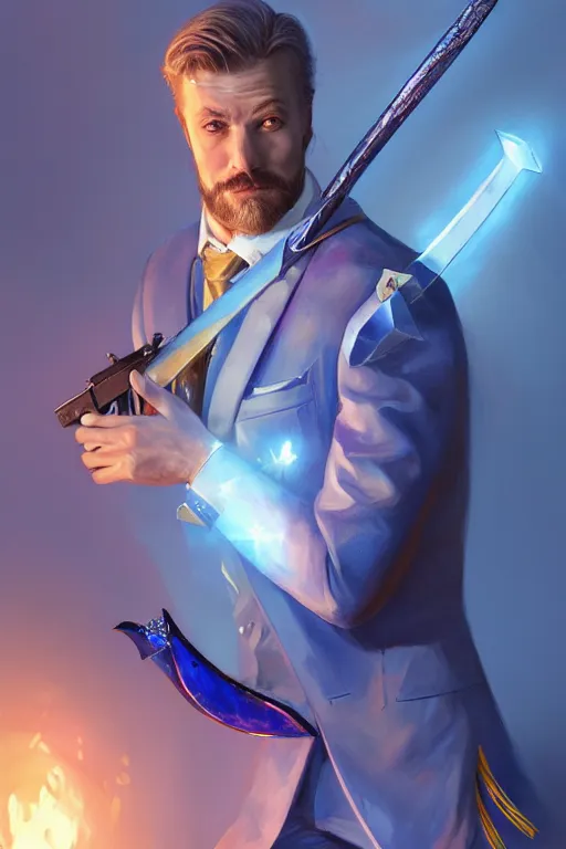 Image similar to a swedish man in a blue suit with a jeweled sword and a pistol, highly detailed, d & d, fantasy digital painting, trending on artstation, concept art, sharp focus, illustration, global illumination, ray tracing, realistic shaded, art by artgerm and greg rutkowski and fuji choko and viktoria gavrilenko and hoang lap