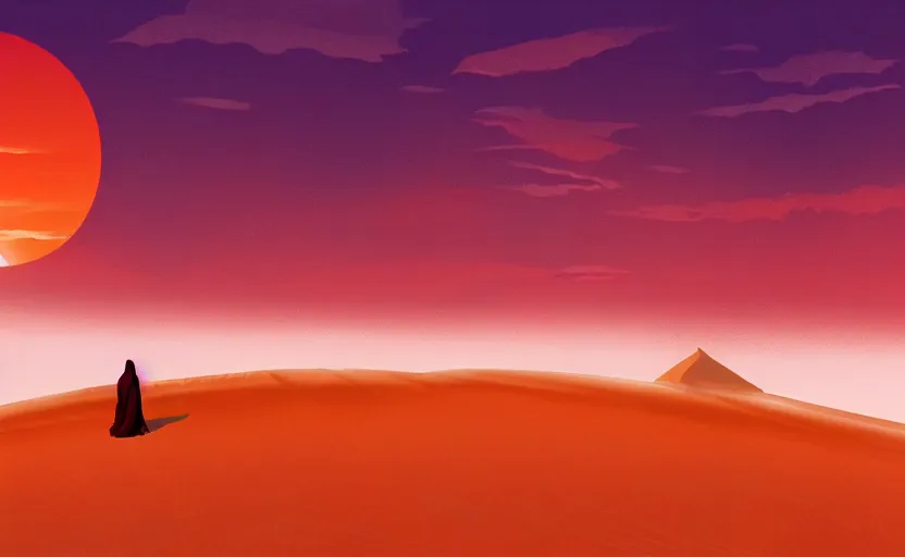 Prompt: Paul Atreides on a sand dune, desert landscape, simple robe, blowing in the wind, artstation, sun setting, orange and red sky, Paul silhouetted against the horizon, detailed, futuristic, intricate, detailed, photorealistic imagery, artstation