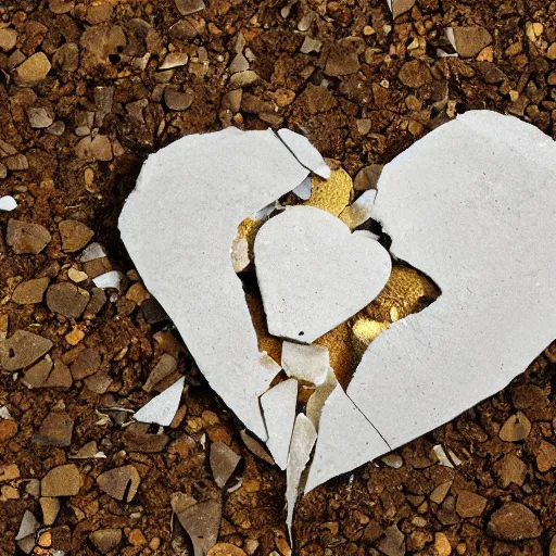 Image similar to heart made of gold smashed on the ground and broken into pieces