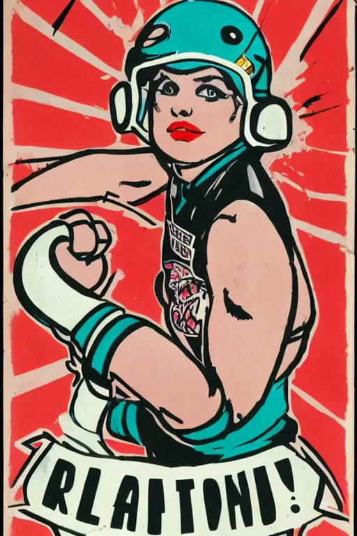 Prompt: roller derby girl portrait, logo, wearing helmet, showing fists in boxing pose, Frank Hampson and mcbess, 1950s