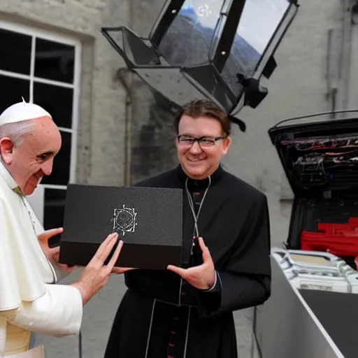 Prompt: Pope Francis unbox a new RTX Nvidia graphic card