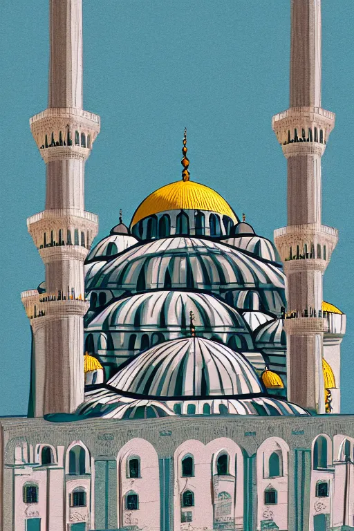 Prompt: mosque in istanbul, illustration, in the style of katinka reinke