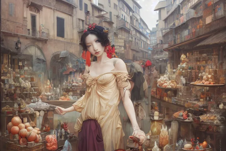 Prompt: seductive hoyeon jung shopping at ancient renaissance florence street vendors, rule of thirds, serene, face anatomy, by wlop, peter mohrbacher, james jean, jakub rebelka, visually stunning, beautiful, masterpiece