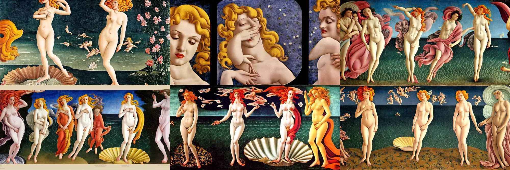 Prompt: Color photo of Marilyn Monroe walking in the style of the Birth of Venus by Sandro Botticelli. Nikon sigma 1/6.