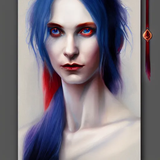 Image similar to A detailed matte oil on canvas head on symmetrical portrait of a distinguished elven woman with red and blue hair on an empty background, by Charlie bowater, Lise Deharme, Wlop, trending on artstationhd, dungeons and dragons art, parted hair , half blue, half red , split dye, critical role