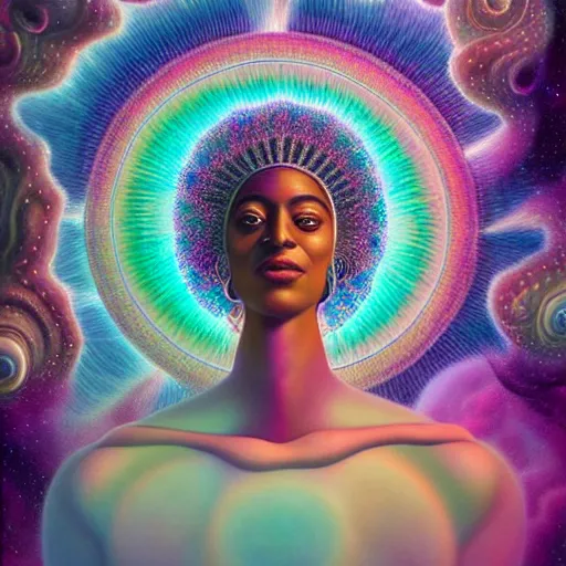 Image similar to obatala the cosmic god sitting in a cabana made of nebula clouds, by Adi granov and afarin sajedi and amanda sage and evgeni gordiets and Agostino Arrivabene in a psychedelic portrait style, ultrarealistic matte painting, volumetric lighting, fractal, extremely symmetrical, highly detailed face, orisha, 8k, hd