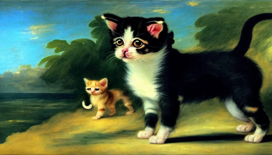 Image similar to a tropical dog kitten in the style of francisco goya, 4 k resolution, tropical background, tropical