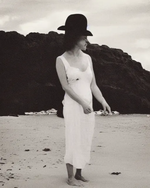 Image similar to “a black and white photograph of a woman on the beach, realistic, vintage, antiqued look, grainy film”
