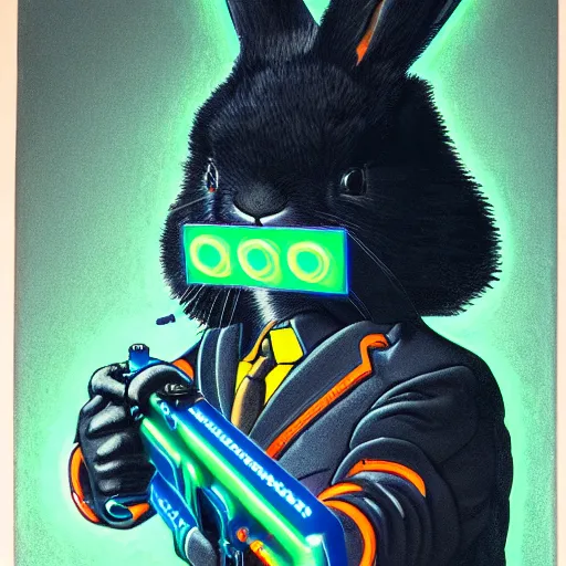 Image similar to portrait of rabbit with UV neon fur holding a machine gun , 8k, highly detailed, sharp, realistic, in style of Brom