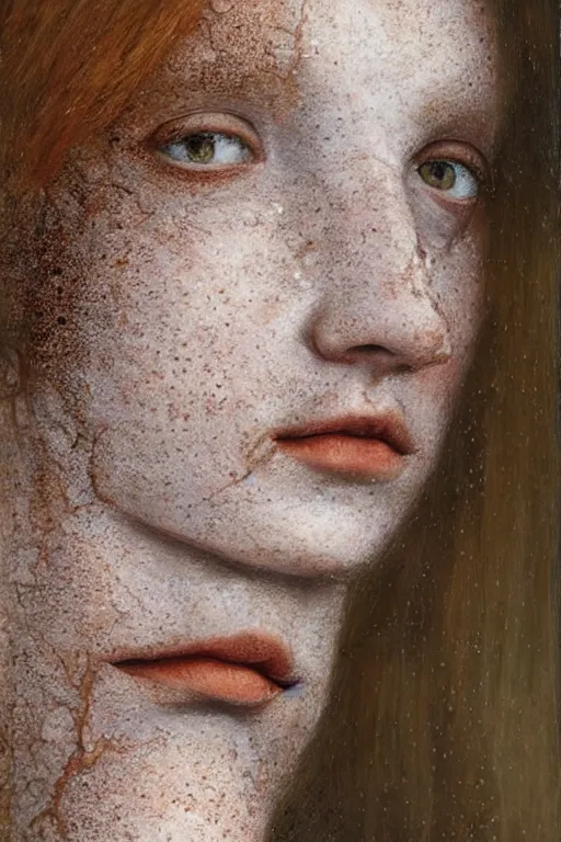 Prompt: hyperrealism extreme close-up portrait of melting cyborg with medieval ginger female with freckles, pale skin, wearing dark silk, in style of classicism