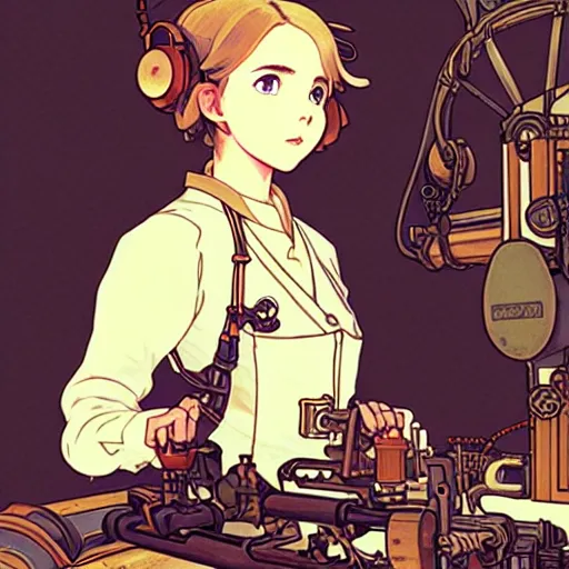 Prompt: Portrait of mckenna grace as an airship mechanic at her crammed workbench, steampunk, defined facial features, highly detailed, busy, artstation, official artbook, official Kyoto Animation and Studio Ghibli anime screenshot, by Ilya Kuvshinov and Alphonse Mucha