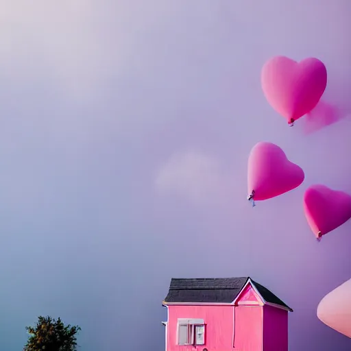 Image similar to dream a 5 0 mm lens photograph of a cute pink floating modern house, floating in the air between clouds, inspired by the movie up, held up from above by heart ballons. mist, playful composition canon, nikon, award winning, photo of the year