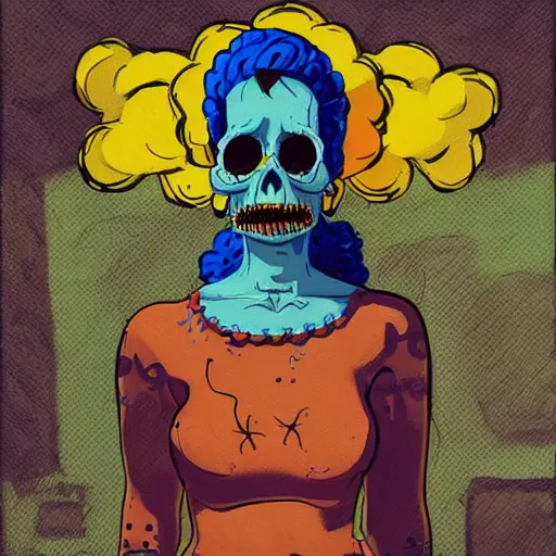 Prompt: a portrait of a girl skull face, marge simpsons in the style of banksy, van gogh, atey ghailan and steve mccurry, vibrant colors and hard shadows and strong rim light, lucien freud, comic cover art, trending on artstation